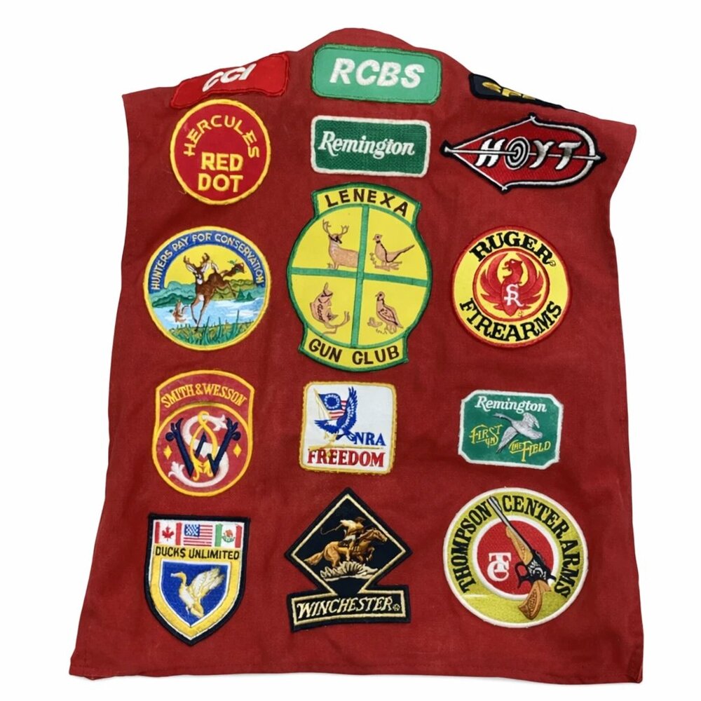 VTG Bob Allen Red Shooting Vest XL Hunting Cargo Pockets Patches NRA Ruger